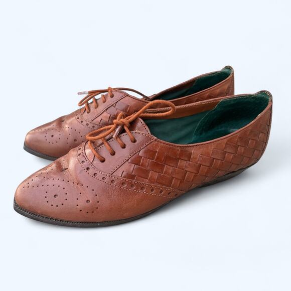 VTG Manelli Woven Pointed Toe Lace Up Oxford Leather Shoes 6 Preppy Hipster Boho - Picture 1 of 10